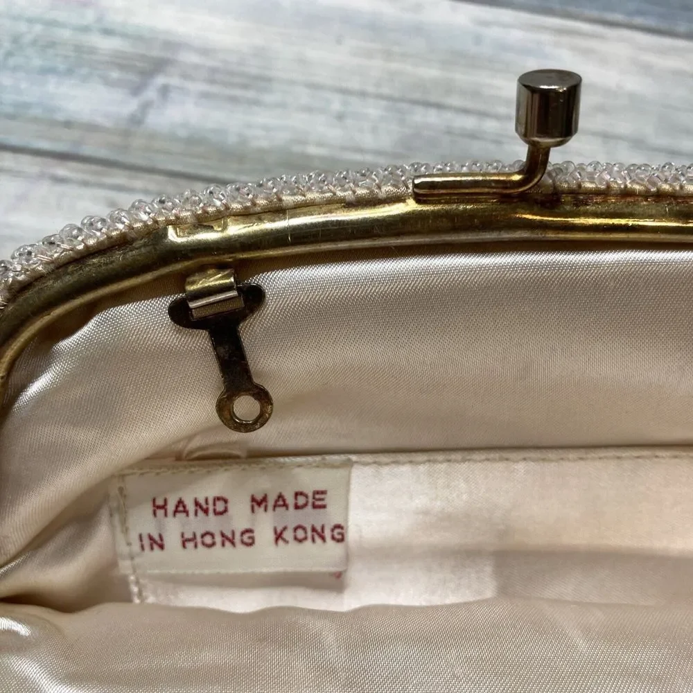 Vintage Beaded Sequin Evening Purse Clutch Made in Hong Kong Ivory Iridescent 8